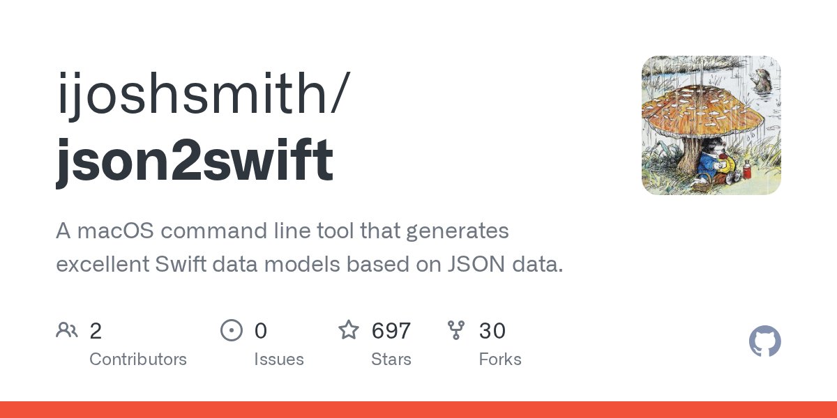 RebeccaSlatkin's tweet card. A macOS command line tool that generates excellent Swift data models based on JSON data. - ijoshsmith/json2swift