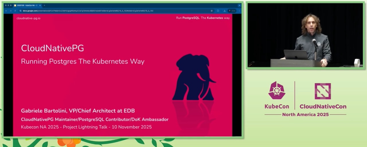 planetpostgres's tweet card. A recap of my three talks at KubeCon NA Atlanta 2025 detailing CloudNativePG (CNPG) advancements in PostgreSQL on Kubernetes, security integration with Keycloak, and the decision to apply for CNCF...