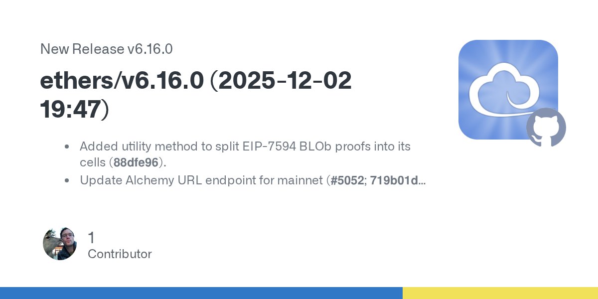 EFJavaScript's tweet card. Added utility method to split EIP-7594 BLOb proofs into its cells (88dfe96). Update Alchemy URL endpoint for mainnet (#5052; 719b01d). Fail on unsupported Etherscan networks immediately to better s...