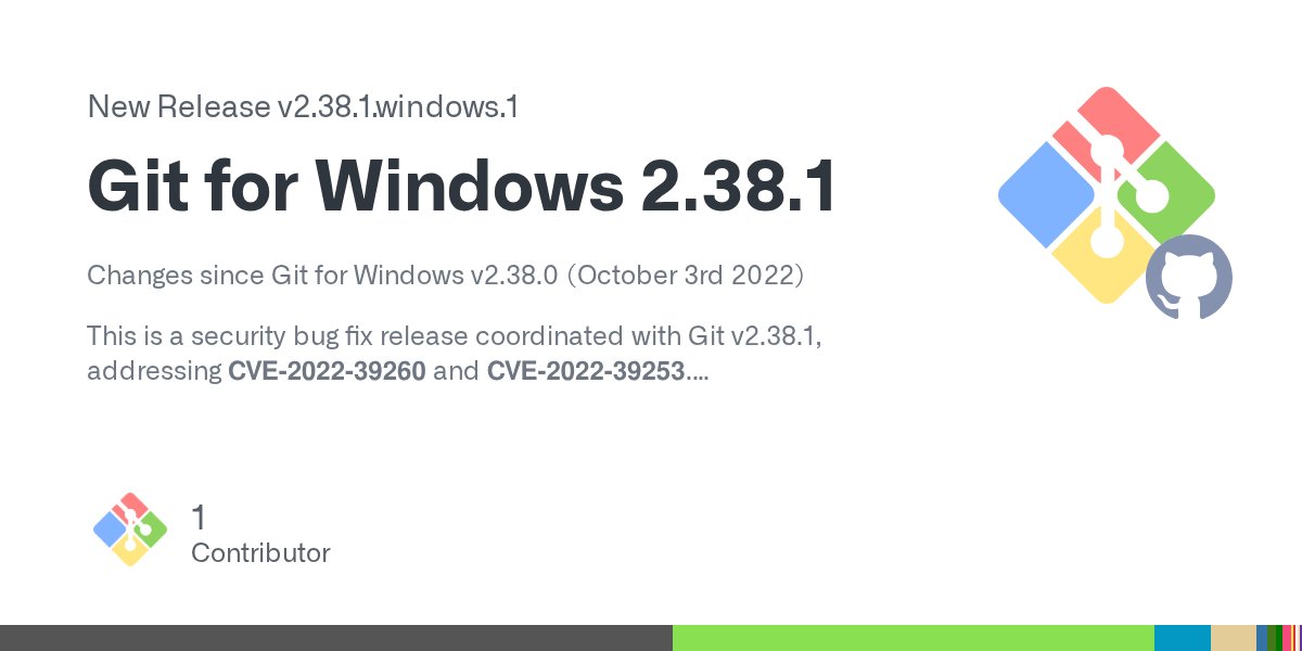 GitForWindows's tweet card. Changes since Git for Windows v2.38.0 (October 3rd 2022) This is a security bug fix release coordinated with Git v2.38.1, addressing CVE-2022-39260 and CVE-2022-39253. New Features Comes with Git ...