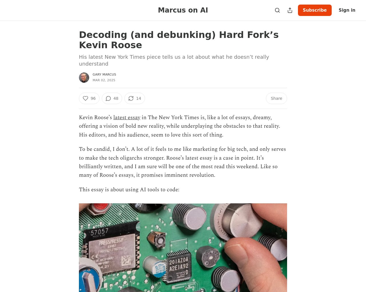 managetech_inc's tweet card. ケビン・ルースの最新エッセイは、新しいAIツールを使ってコーディングすることについて述べている。 エッセイはA