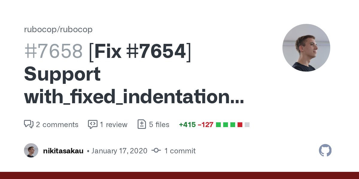 datarockets's tweet card. Tension Hello 👋 We have with_fixed_indentation option for Layout/ArgumentAlignment and Layout/ParameterAlignment. So we can write our code this way: foo :bar, :baz method_call(a, b) And we in o...