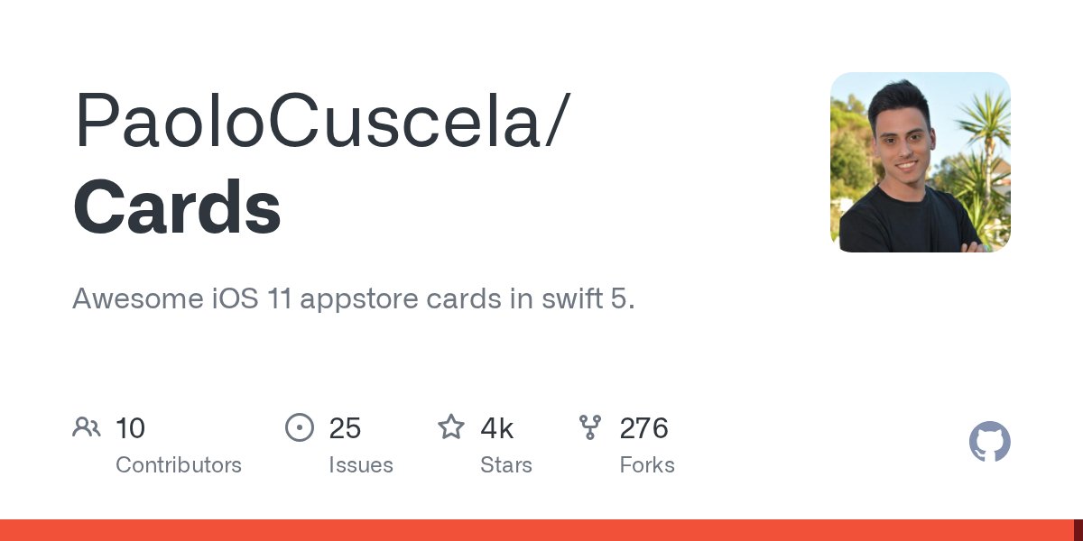 swiftgit's tweet card. Awesome iOS 11 appstore cards in swift 5. Contribute to PaoloCuscela/Cards development by creating an account on GitHub.