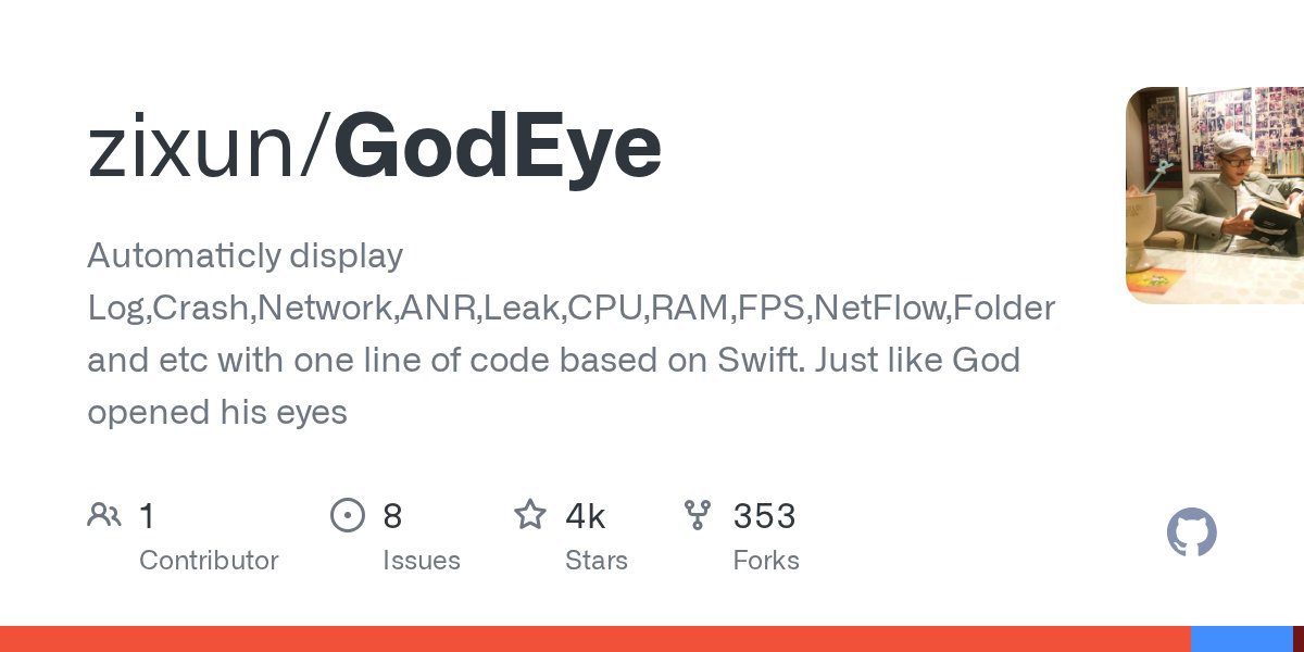 swiftgit's tweet card. Automaticly display Log,Crash,Network,ANR,Leak,CPU,RAM,FPS,NetFlow,Folder and etc with one line of code based on Swift. Just like God opened his eyes - zixun/GodEye