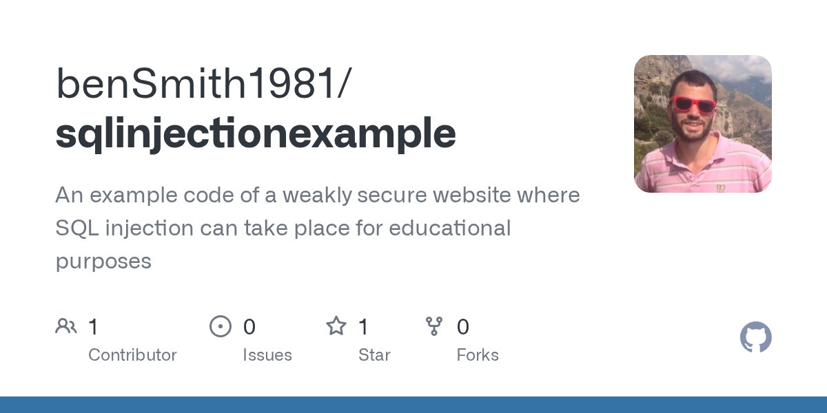 icode_with_ben's tweet card. An example code of a weakly secure website where SQL injection can take place for educational purposes - benSmith1981/sqlinjectionexample