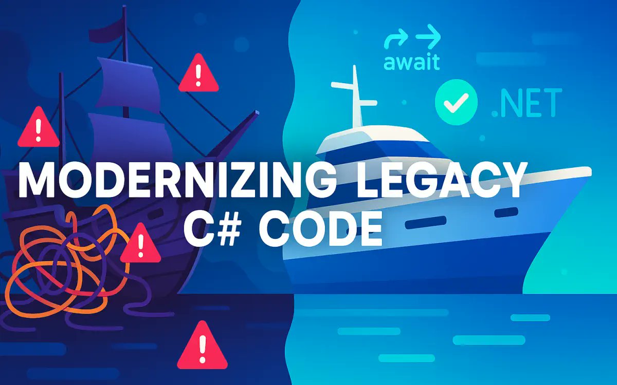 ParticularSW's tweet card. A comprehensive guide for senior developers and architects on modernizing legacy C# codebases. Learn how to replace async void, ArrayList, and static dependencies with modern async patterns, resili...
