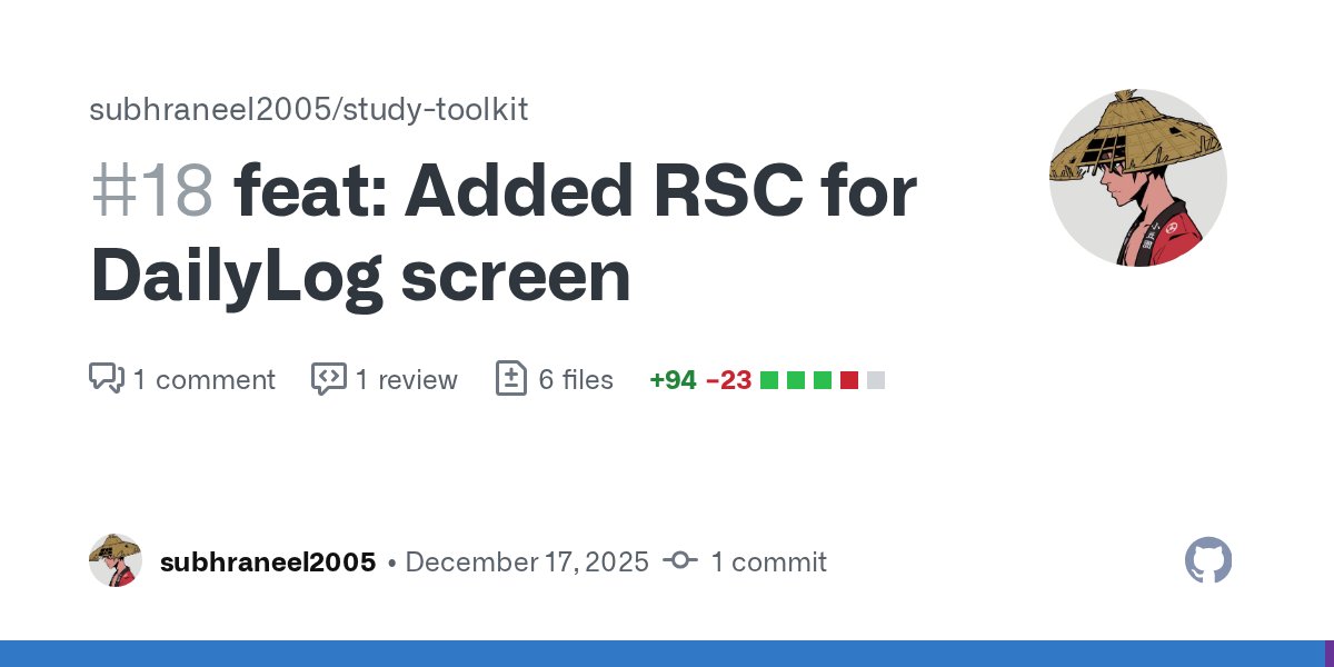 subhraneeltwt's tweet card. stuff added made dailylog screen rsc as one log/day, therefore fetched this 👇: todayLog if present then showing else showing the...