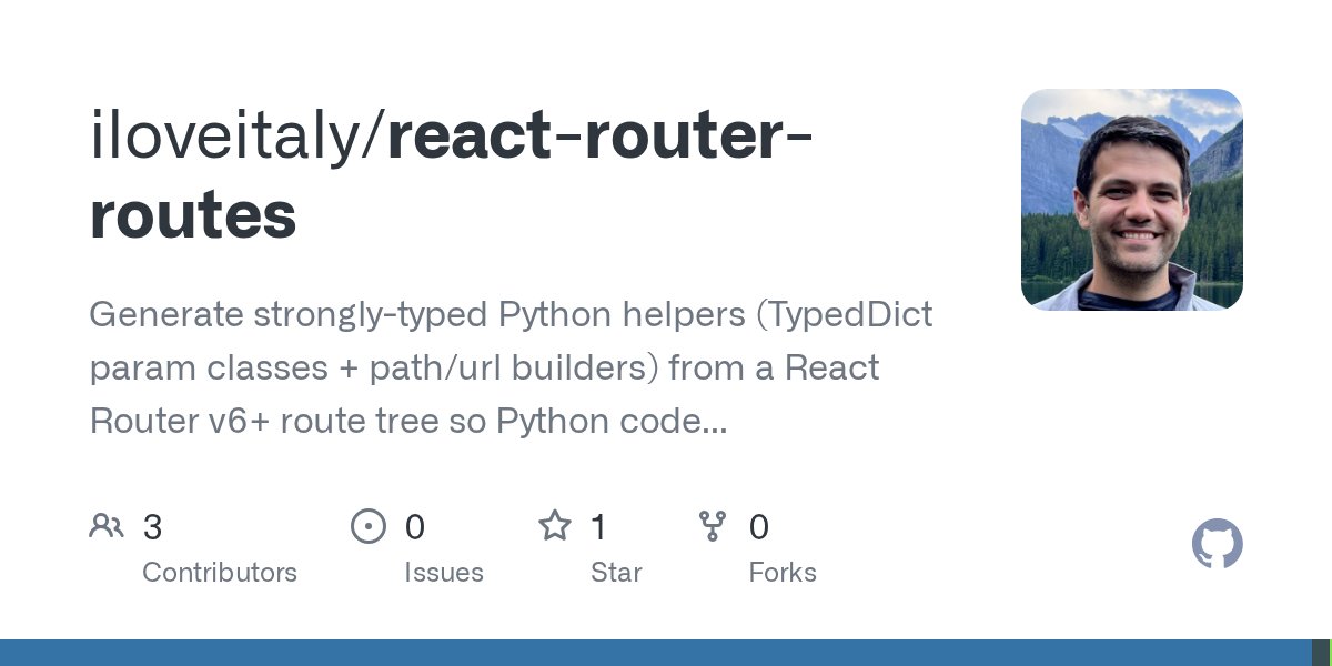 pycoders's tweet card. Generate strongly-typed Python helpers (TypedDict param classes + path/url builders) from a React Router v6+ route tree so Python code can build frontend URLs safely. - iloveitaly/react-router-routes