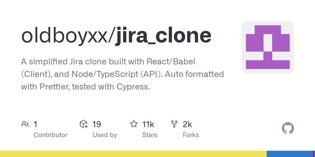 JavaScriptDaily's tweet card. A simplified Jira clone built with React/Babel (Client), and Node/TypeScript (API). Auto formatted with Prettier, tested with Cypress. - oldboyxx/jira_clone
