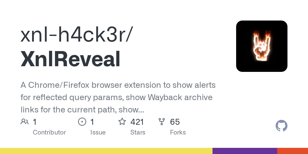xnl_h4ck3r's tweet card. A Chrome/Firefox browser extension to show alerts for reflected query params, show Wayback archive links for the current path, show hidden elements and enable disabled elements. - xnl-h4ck3r/XnlReveal