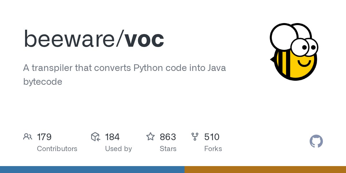 quippdPython's tweet card. A transpiler that converts Python code into Java bytecode - beeware/voc