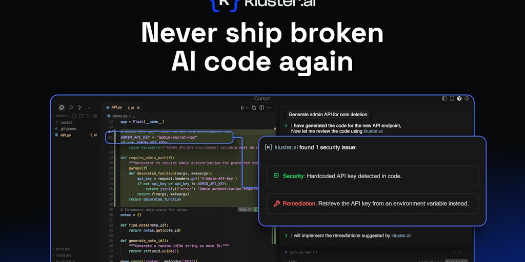 aicapital_io's tweet card. Over 40% of AI-generated code contains issues. kluster.ai automatically reviews and fixes code in real-time as AI writes it, instantly correcting bugs, preventing security vulnerabilities, and fixing...