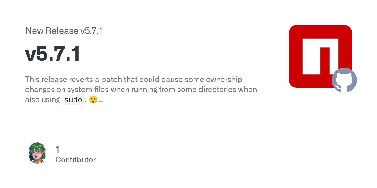 npmjs's tweet card. This release reverts a patch that could cause some ownership changes on system files when running from some directories when also using sudo. 😲 Thankfully, it only affected users running npm@next,...