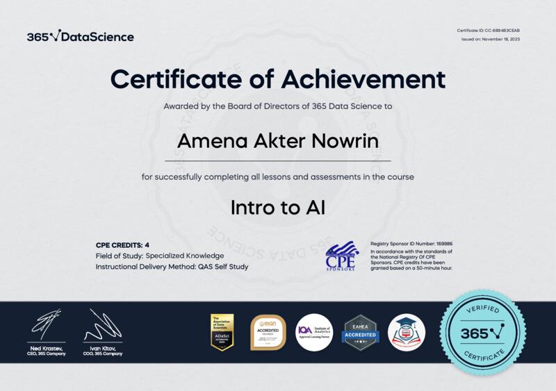 coder_nowrin's tweet card. Amena Akter Nowrin has been certified in Intro to AI by 365 Data Science in November 2025.