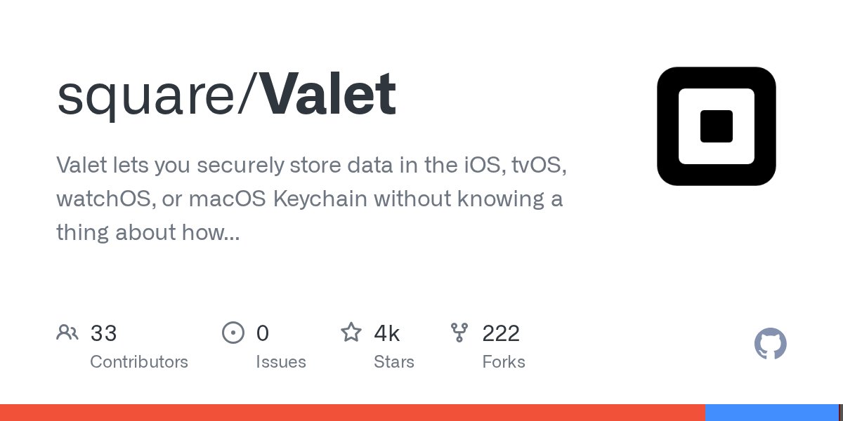 swiftgit's tweet card. Valet lets you securely store data in the iOS, tvOS, watchOS, or macOS Keychain without knowing a thing about how the Keychain works. It’s easy. We promise. - square/Valet
