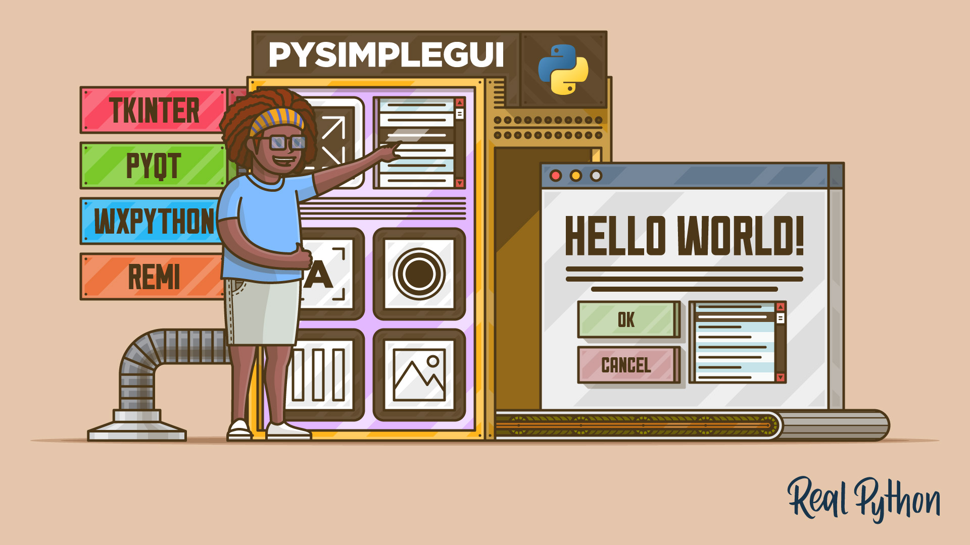 realpython's tweet card. In this step-by-step course, you'll learn how to create a cross-platform graphical user interface (GUI) using Python and PySimpleGUI. A graphical user interface is an application that has buttons,...