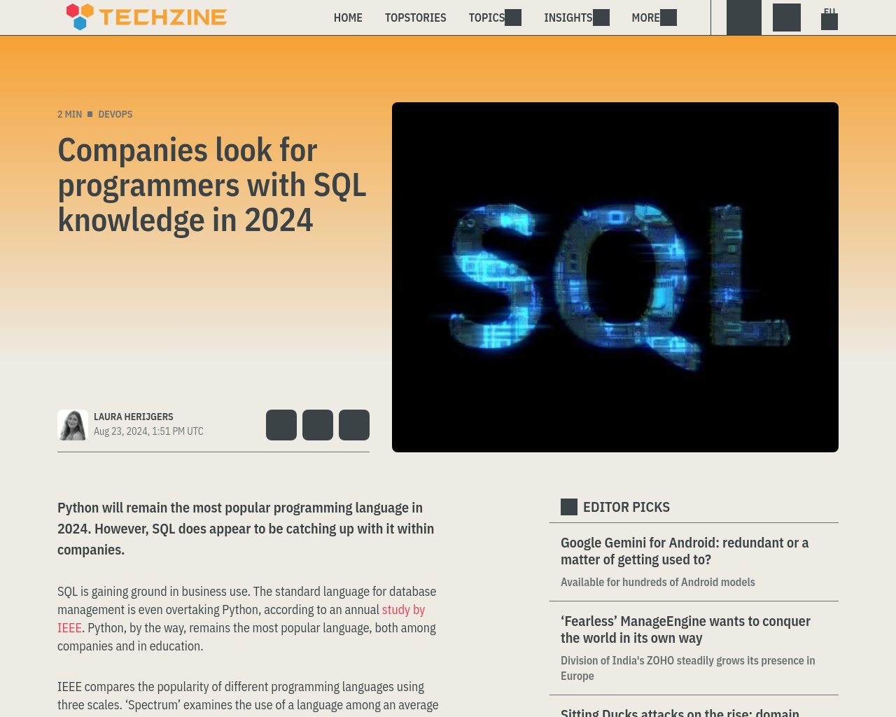 managetech_inc's tweet card. 2024年においてもPythonが最も人気のあるプログラミング言語であり続ける見込み 企業内ではSQLが追いつ