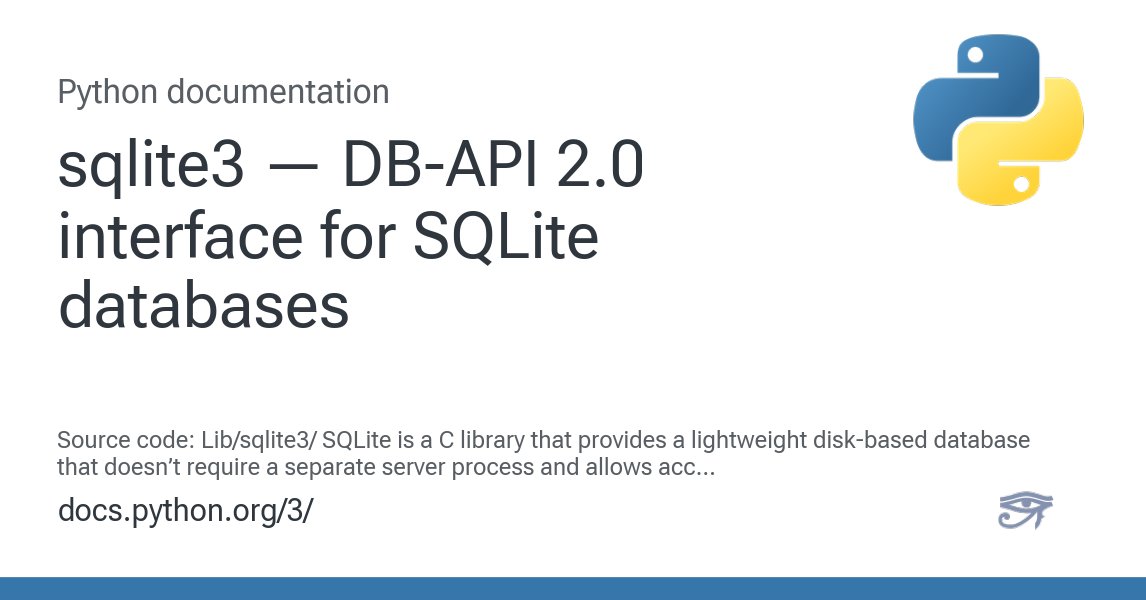 raymondh's tweet card. Source code: Lib/sqlite3/ SQLite is a C library that provides a lightweight disk-based database that doesn’t require a separate server process and allows accessing the database using a nonstandard ...