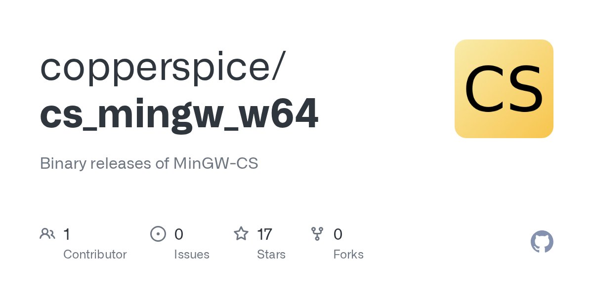 copperspice_cpp's tweet card. Binary releases of MinGW-CS . Contribute to copperspice/cs_mingw_w64 development by creating an account on GitHub.