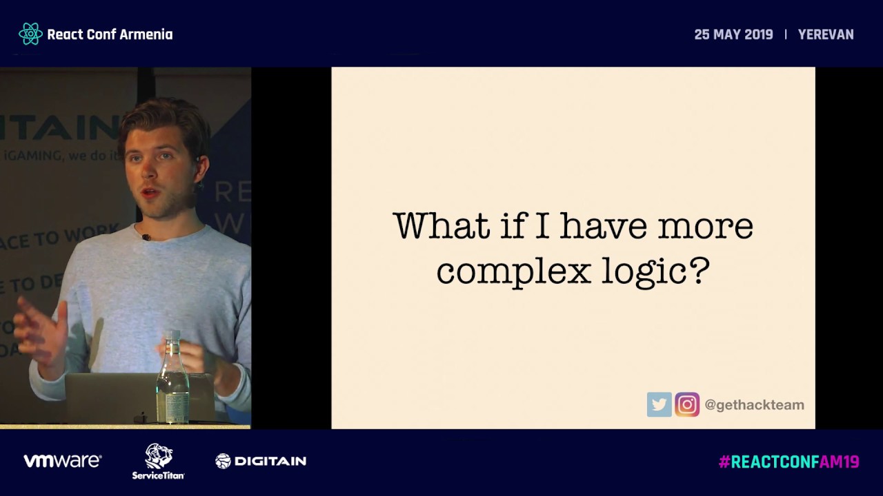 ReactConfAM's tweet card. Handling Large-Scale State-Management with Context and Hooks by Roy...