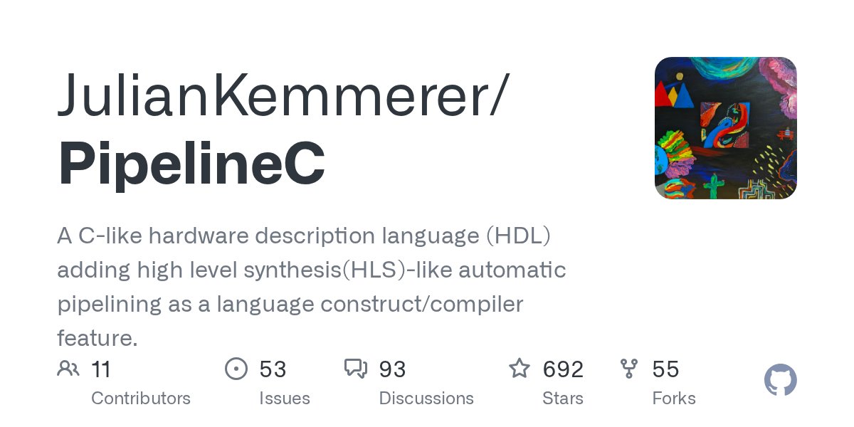 pipelinec_hdl's tweet card. A C-like hardware description language (HDL) adding high level synthesis(HLS)-like automatic pipelining as a language construct/compiler feature. - JulianKemmerer/PipelineC