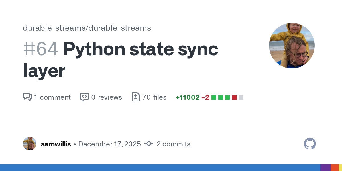 kylemathews's tweet card. Adds an initial Python state sync layer (durable-streams-state) and its dependent Python streams client (durable-streams) to enable state materialization over durable streams in Python. This PR int...