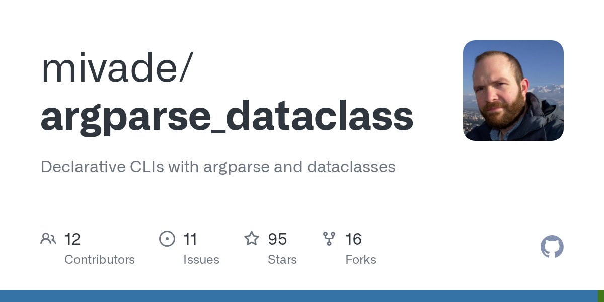 PythonLibHunt's tweet card. Declarative CLIs with argparse and dataclasses. Contribute to mivade/argparse_dataclass development by creating an account on GitHub.