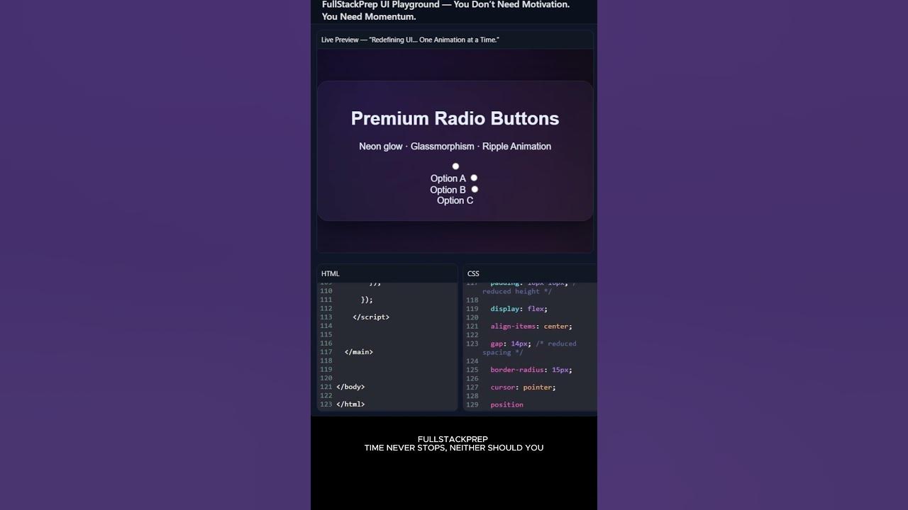 FullstackprepD's tweet card. "Premium Radio Button UI — Neon Ripple Animation (CSS + JS) |...