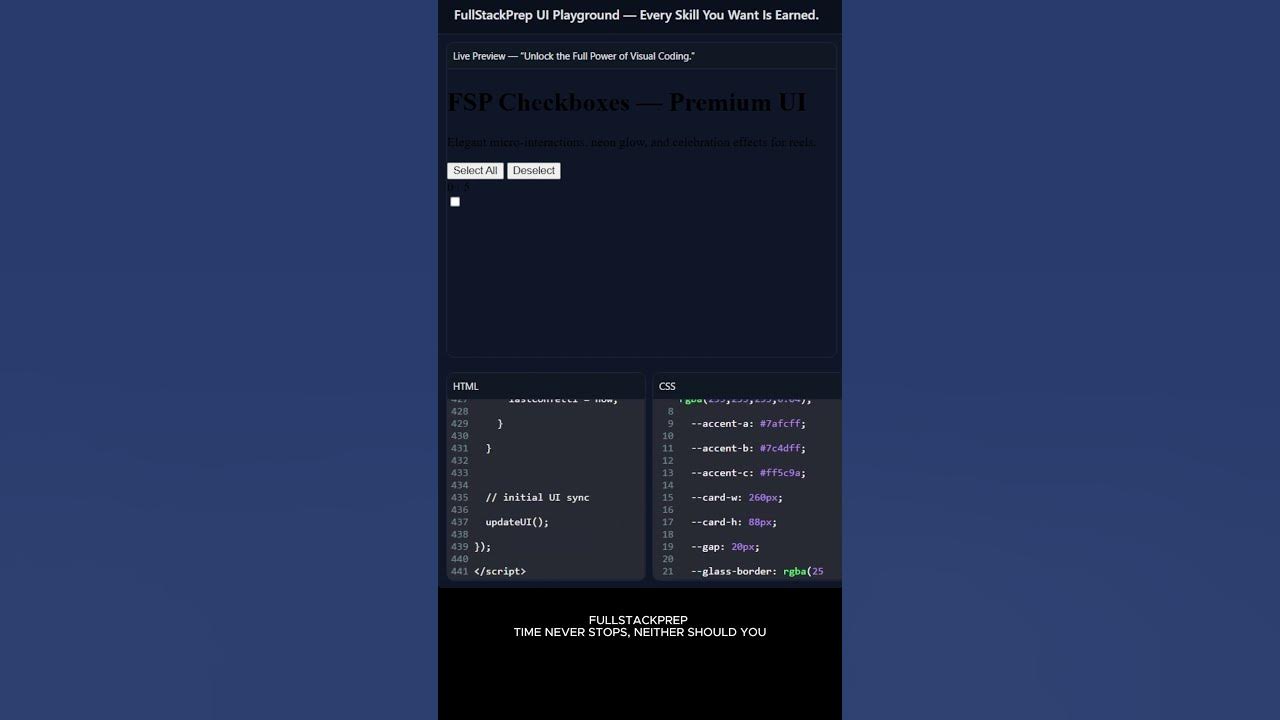 FullstackprepD's tweet card. "Premium Checkbox UI — Satisfying Micro-Interactions (CSS + JS) |...