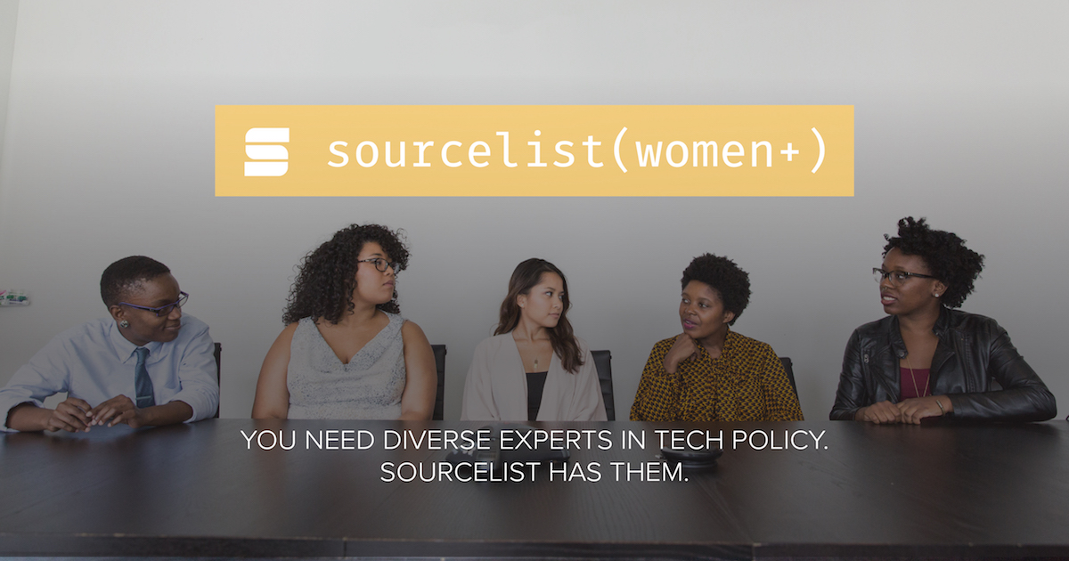lizzysabs's tweet card. Sourcelist (Women+) is a database of women and underrepresented genders with expertise in technology policy.