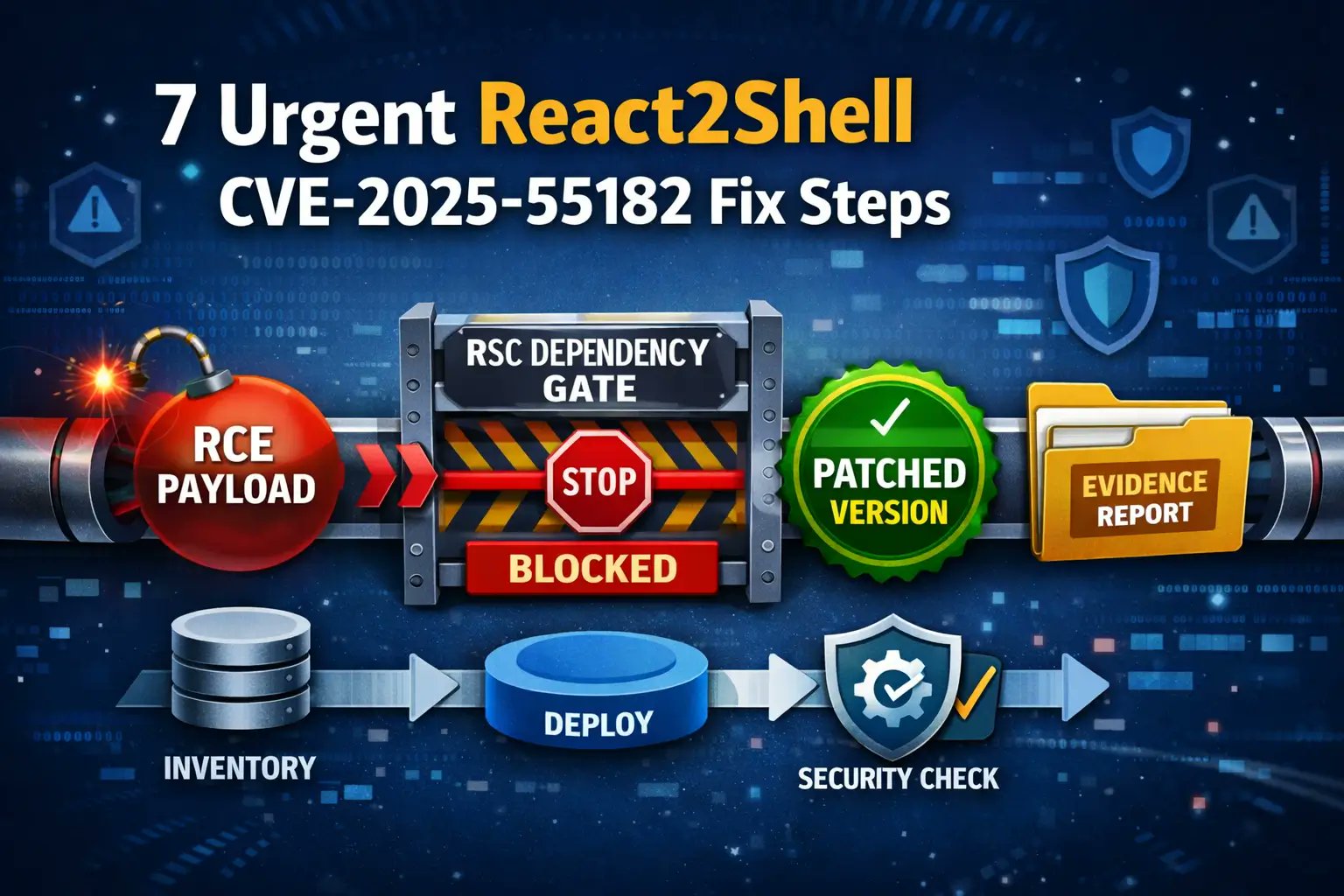 pentesttesting's tweet card. Engineering playbook to patch React2Shell CVE-2025-55182: inventory, staged rollout, WAF mitigations, detection, CI guardrails, and evidence.