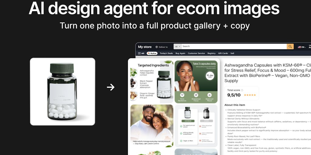 javaeeeee1's tweet card. Generate ecom product images and copy in minutes. The AI design agent thinks, recommends, and builds tailored visuals and text for you. Fully editable, personalized, and ready to boost sales. It's a...