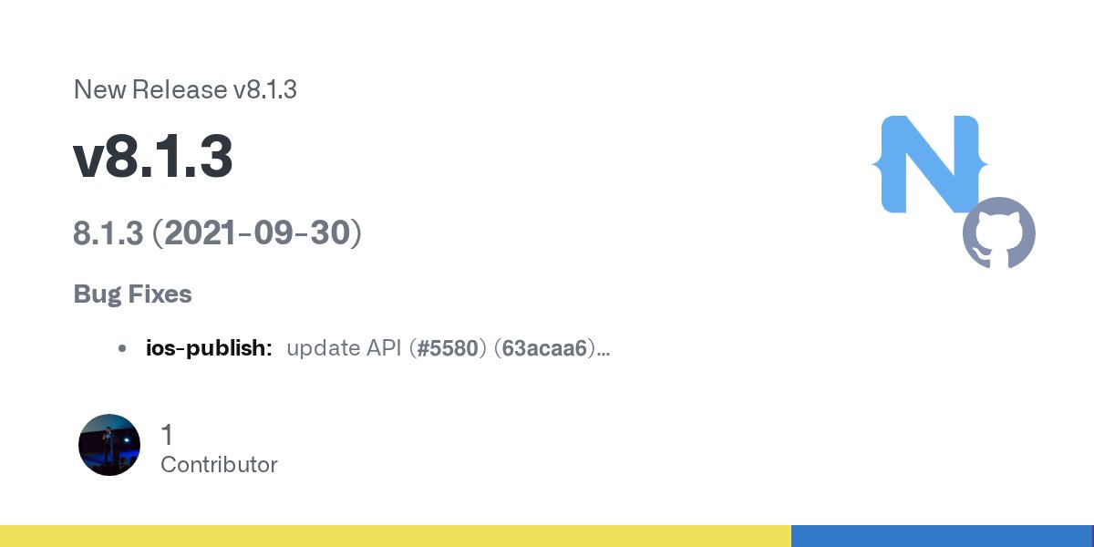 NativeScript's tweet card. 8.1.3 (2021-09-30) Bug Fixes ios-publish: update API (#5580) (63acaa6) m1: cocoapods command when installed natively (#5584) (65dcf01) metadata-filtering: only add when there are items to add (ab9...