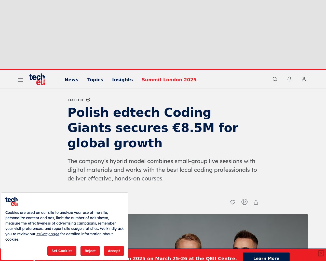 managetech_inc's tweet card. ポーランドのedtech企業であるCoding Giantsは、850万ユーロの投資ラウンドを終了し、これによ