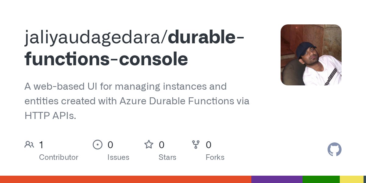 JaliyaUdagedara's tweet card. A web-based UI for managing instances and entities created with Azure Durable Functions via HTTP APIs. - jaliyaudagedara/durable-functions-console