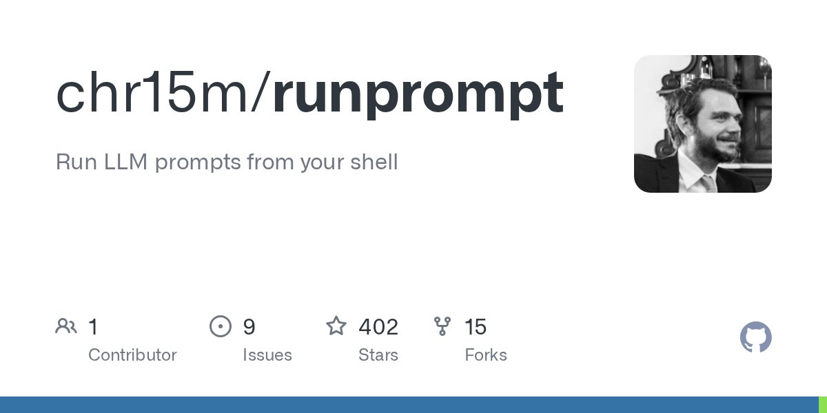 PythonHub's tweet card. Run LLM prompts from your shell. Contribute to chr15m/runprompt development by creating an account on GitHub.