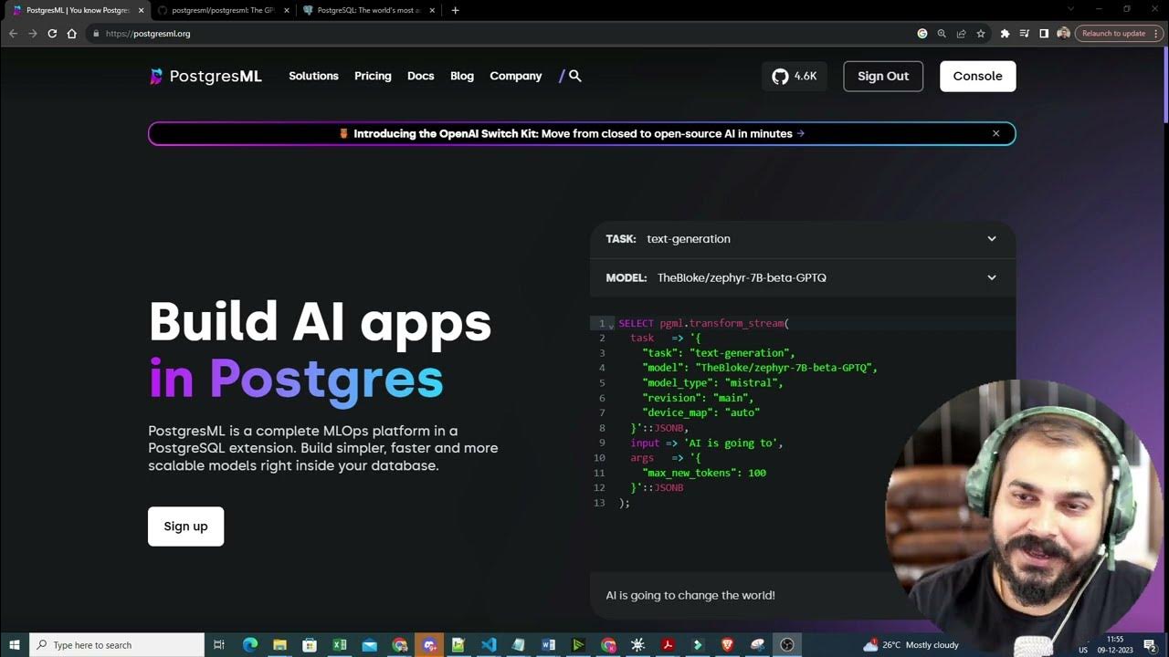 postgresml's tweet card. Complete MLOPS Platform To Build LLMs Application In PostgresML-Bring...