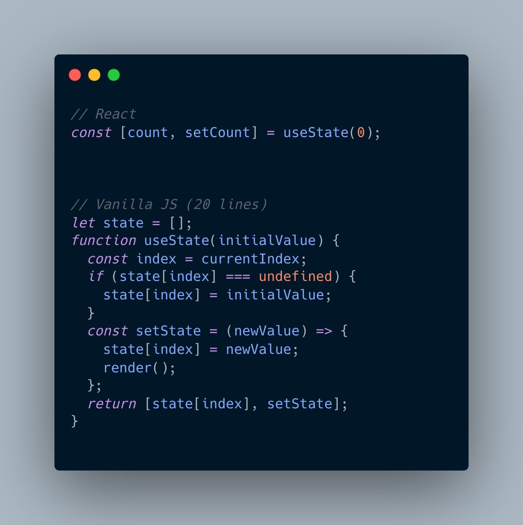 Iggy_code's tweet card. Learn how React hooks actually work by building useState and useEffect from scratch with vanilla JavaScript — closures, arrays, and no frame