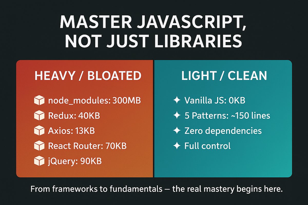 Iggy_code's tweet card. Build state management, routing, HTTP requests, event handling, and DOM manipulation in vanilla JavaScript — no Redux, React Router, Axios,