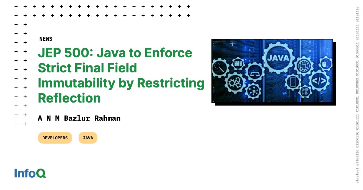 InfoQ's tweet card. JEP 500 prepares the Java ecosystem for final field integrity in JDK 26, restricting deep reflection mutations. This crucial update aims to enhance safety and performance by closing a long-standing...