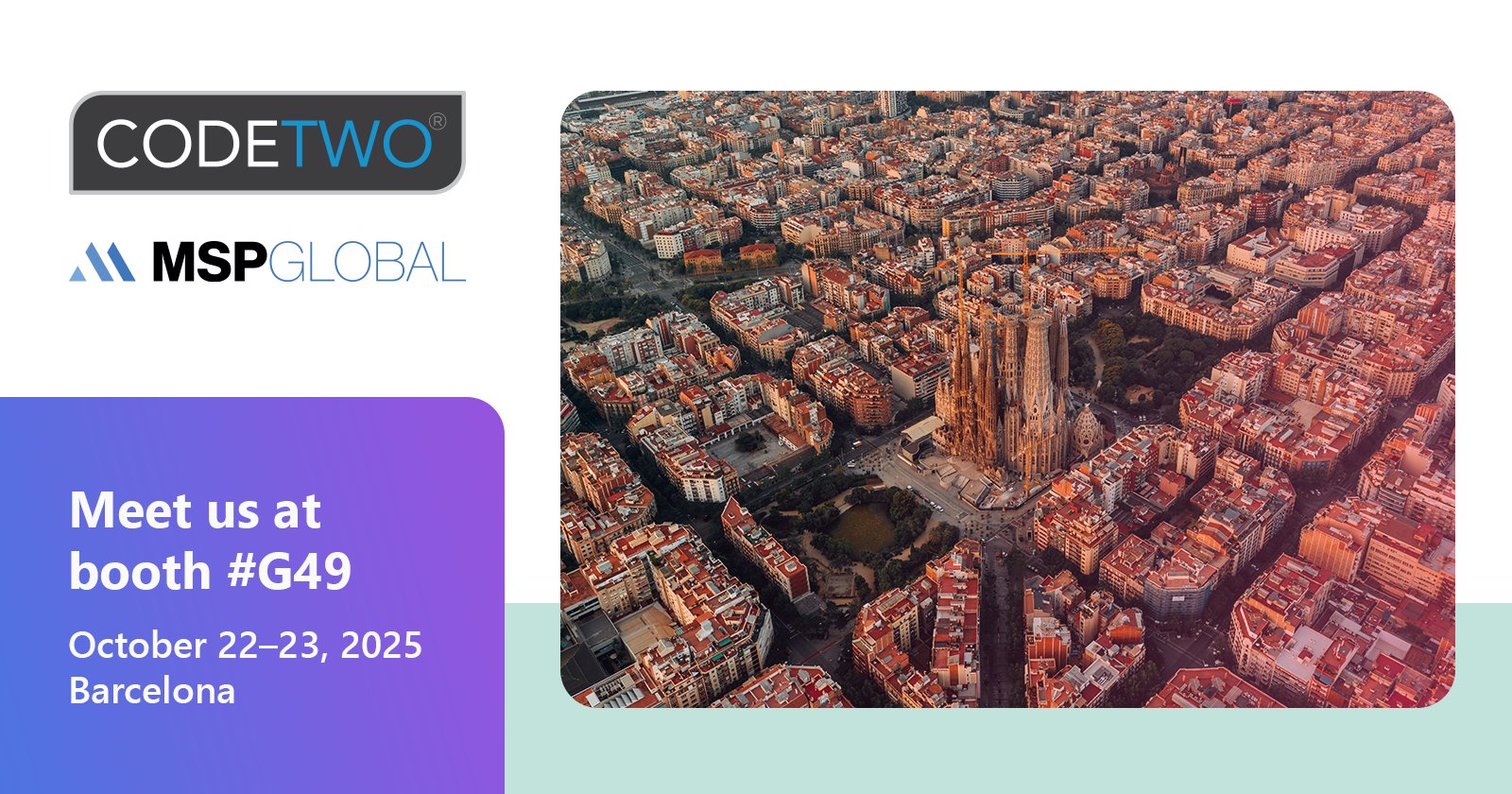 CodeTwoSoftware's tweet card. Visit CodeTwo at MSP GLOBAL 2025 in Barcelona. Learn how we help MSPs boost efficiency and growth with our email signature and branding tools.