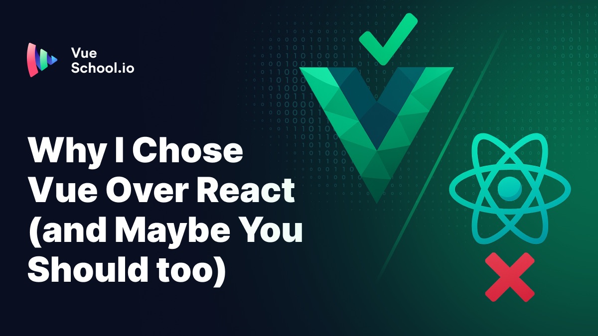 VueSchool_io's tweet card. Vue or React? A story from my life and reasons I think you should choose Vue: simpler syntax, faster learning, better DX, thriving ecosystem.