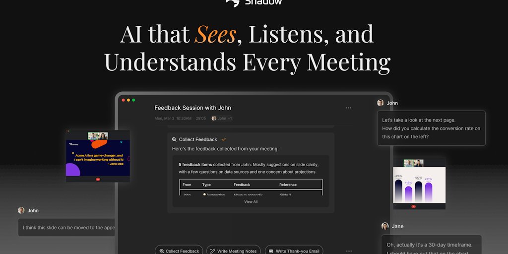 javaeeeee1's tweet card. Half of every meeting happens on screen, but most AI tools miss it completely. Shadow captures both: what was said and what was shown. Every word, every slide, every screen—all without a bot joining...