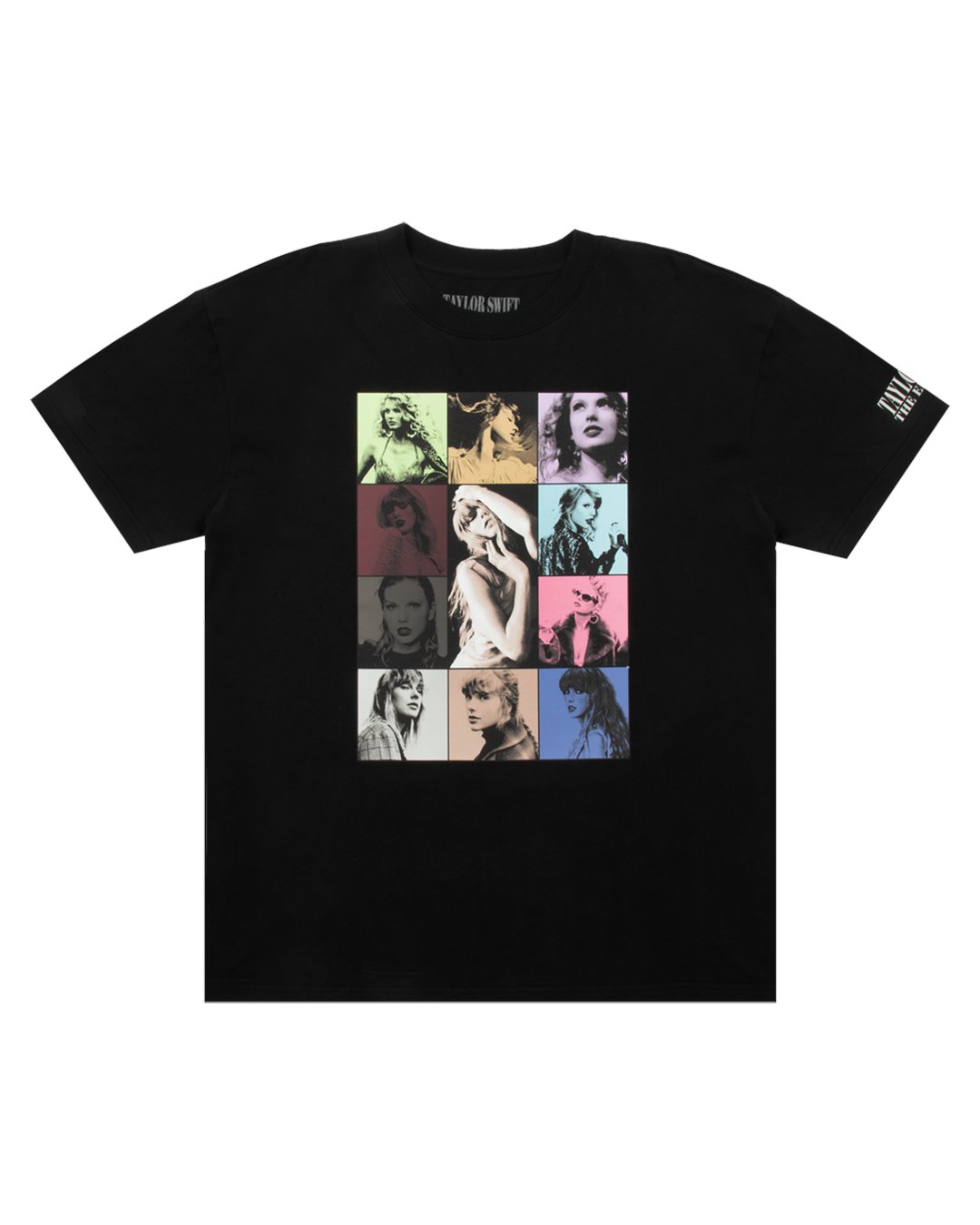 tmwb_overflow's tweet card. Black t-shirt featuring photos of Taylor Swift printed on front and "Taylor Swift The Eras Tour" printed on wearer's left sleeve with "Taylor Swift The Eras Tour 2023-2024" and tour locations printed...