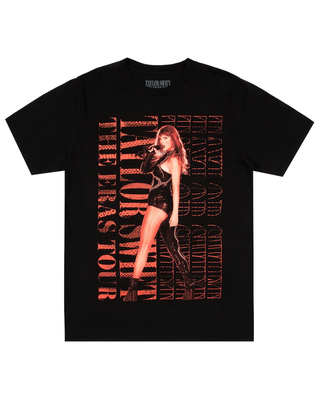 tmwb_overflow's tweet card. Black oversized t-shirt featuring photo of Taylor Swift and "Taylor Swift The Eras Tour" printed on front with "Taylor Swift", "The Eras Tour", "2023 - 2024" and tour locations with block designs...