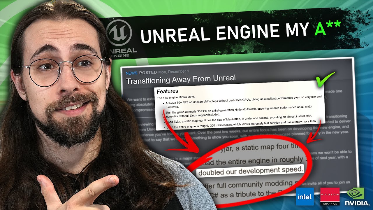 FastOSlinux's tweet card. Unreal Engine 5 was KILLING their game's Performance... Who would've...