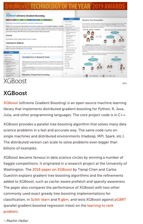 UberEng's tweet card. Significant recognition of XGBoost community! XGBoost wins the Top Technology of 2019 by InfoWorld! Congratulations to Uber open source efforts, we make the tremendous efforts to XGBoost and also...