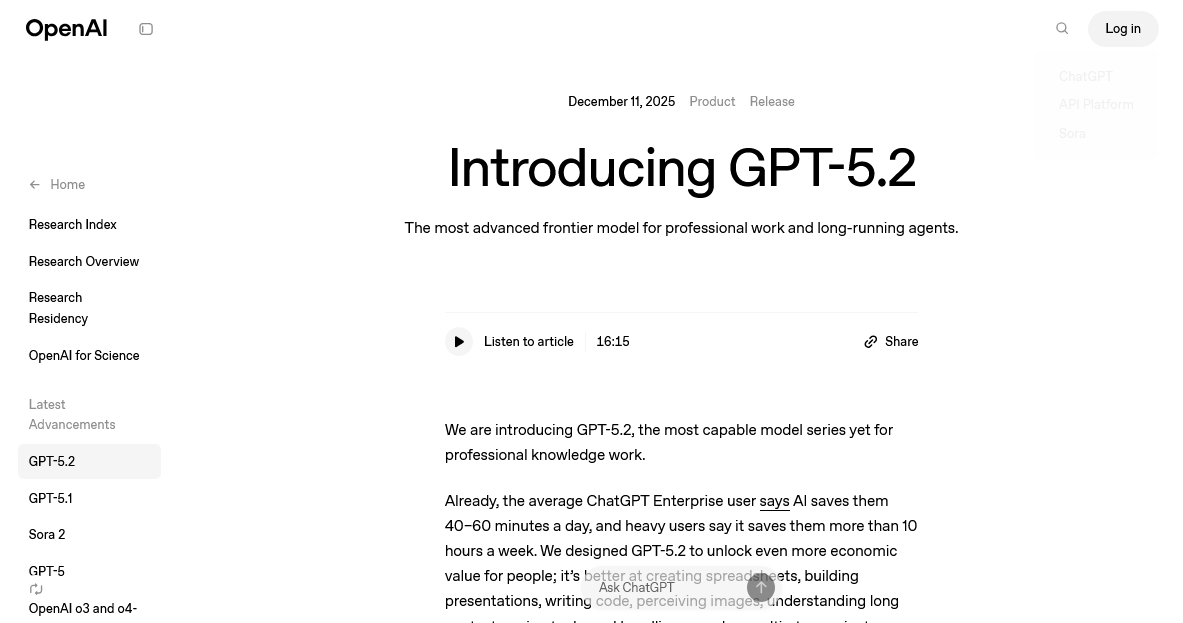 aWebprogrammer's tweet card. OpenAIは2025年12月11日、最新のモデル「GPT‑5.2」シリーズを発表した。