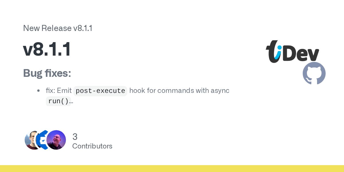 TitaniumSDK's tweet card. Bug fixes: fix: Emit post-execute hook for commands with async run() fix: Display SDK name, then the actual version fix: Skip run if --sdk version mismatches in tiapp.xml and a...