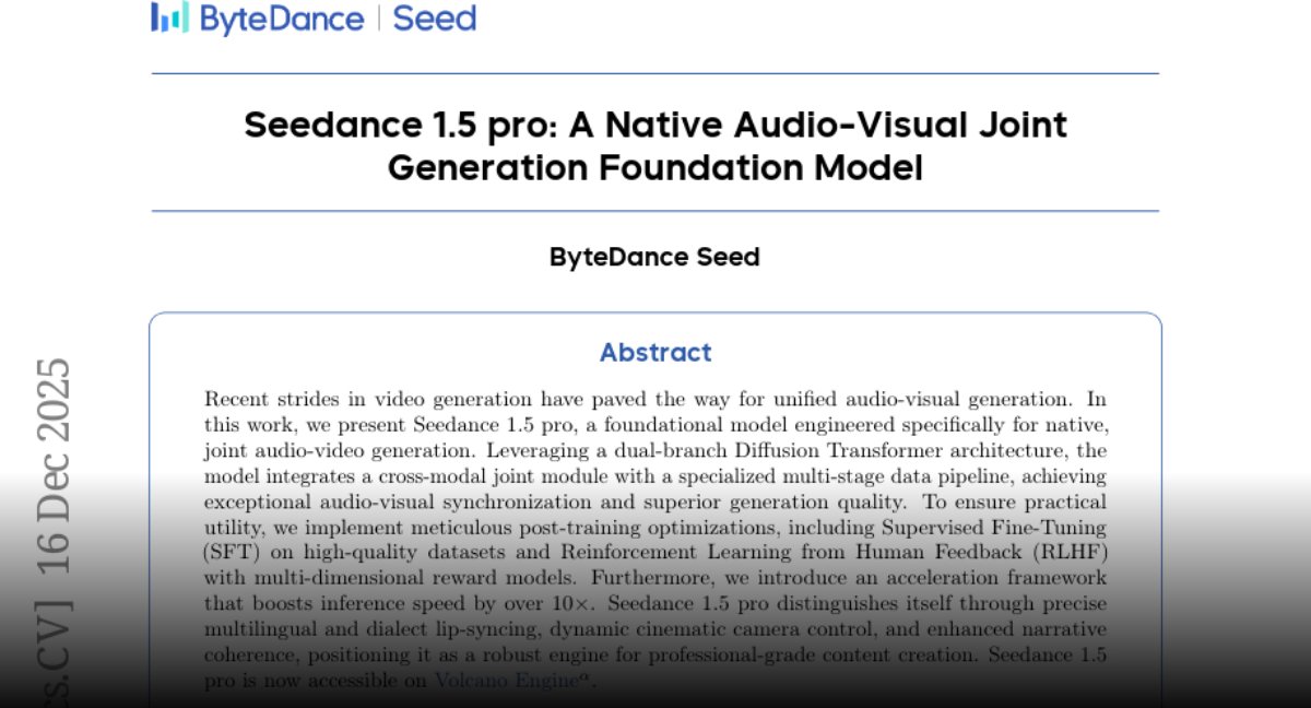 javaeeeee1's tweet card. Paper page - Seedance 1.5 pro: A Native Audio-Visual Joint Generation Foundation Model